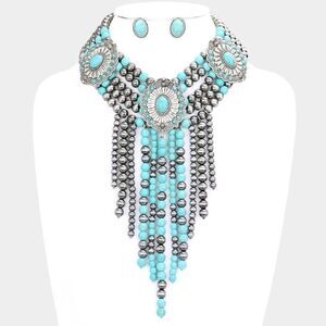 Squash Blossom Natural Stone Accented Layered Fringe Bib Necklace Set